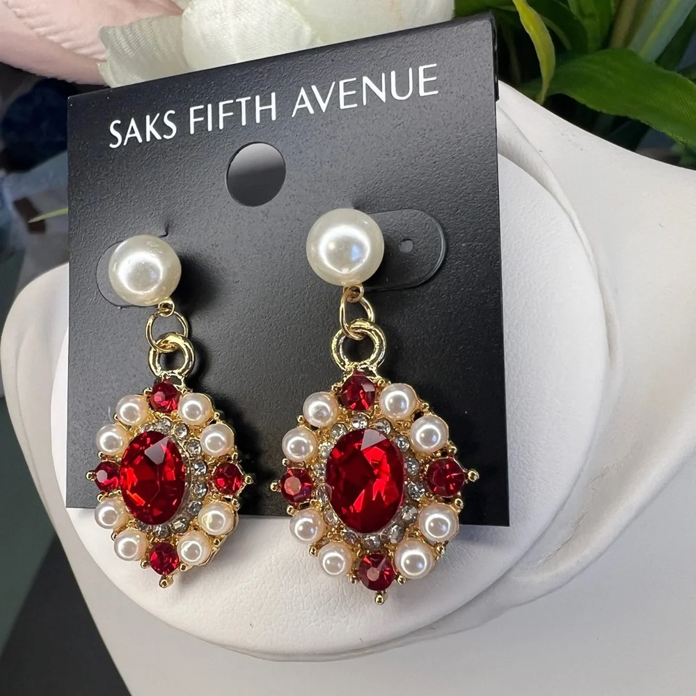 Saks Fifth Avenue Faux Pearl and Red Crystal Earrings - Picture 2 of 5